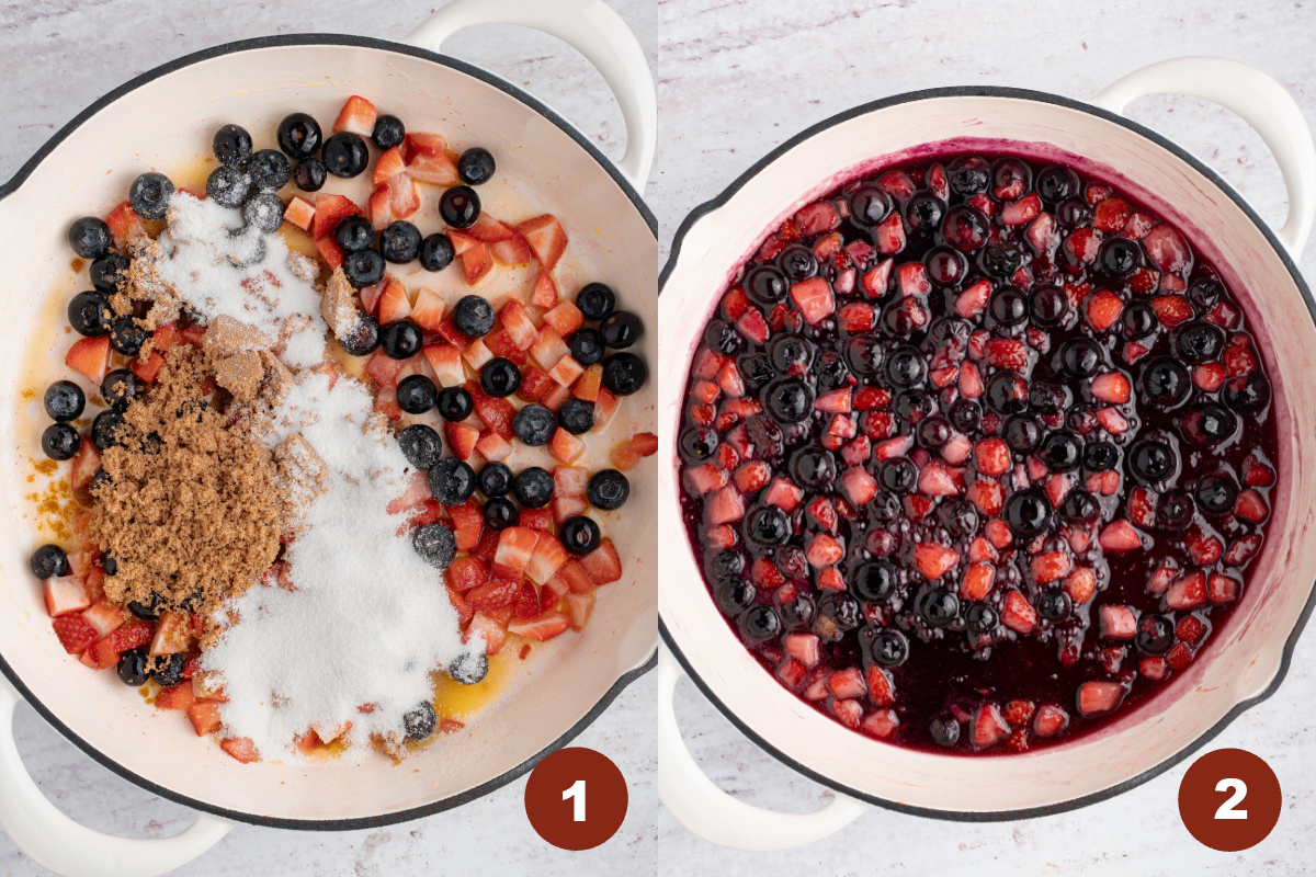 All of the ingredients for the berry compote in a large dutch oven before and after cooking down the berries slightly.