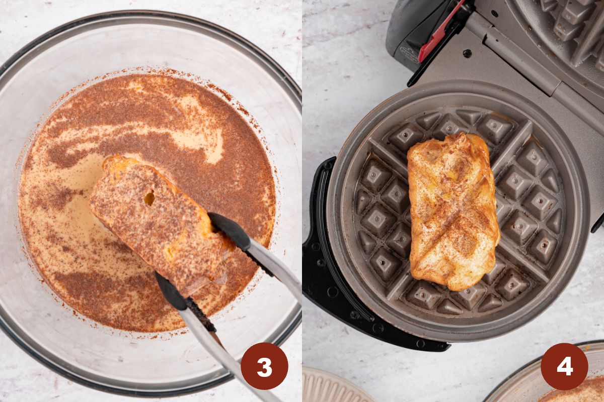 A piece of the bread is dipped in the wet ingredients and then it sits on a waffle iron.