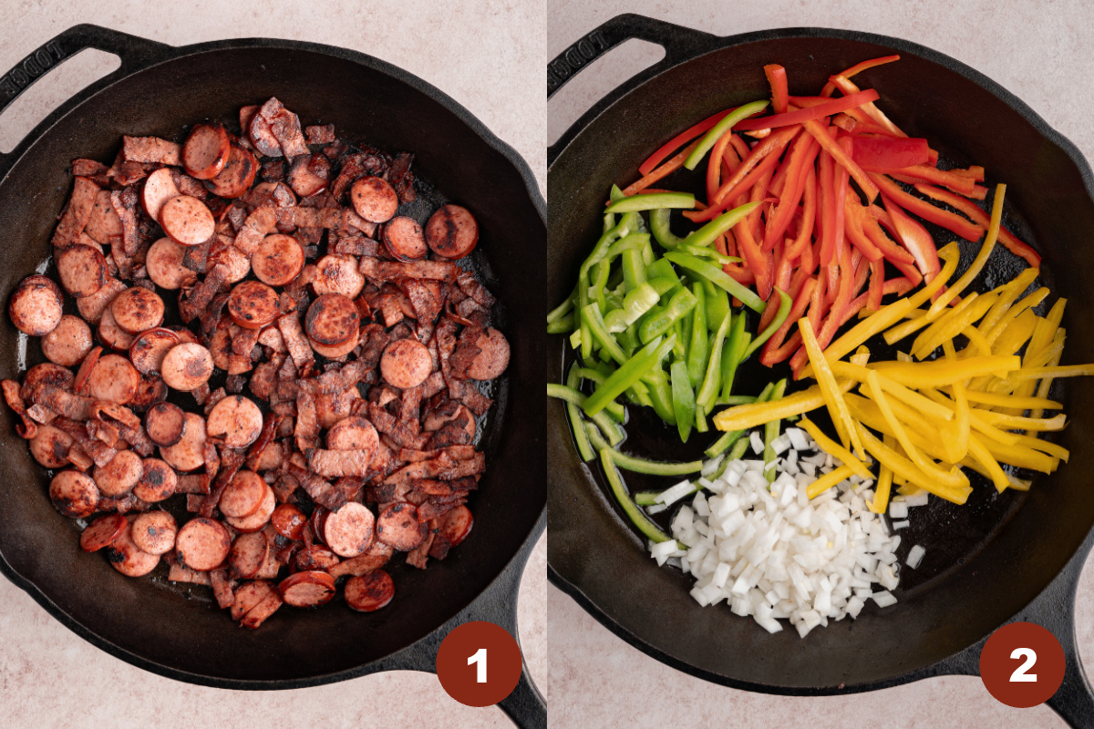 Sausage and bacon in a cast iron skillet. Peppers and onions in a separate cast iron skillet.