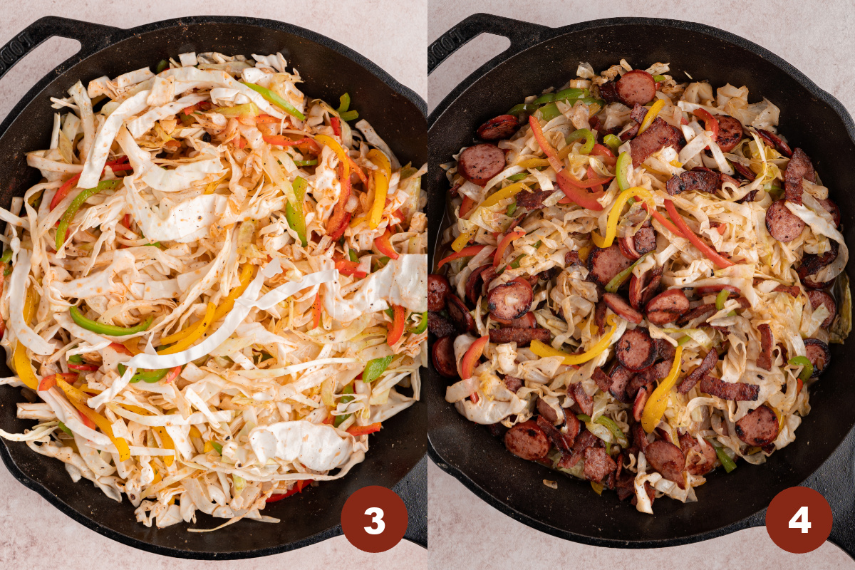 The cabbage in the pan with the peppers and onions. Then the sausage and bacon stirred into the pan with all of the other ingredients.
