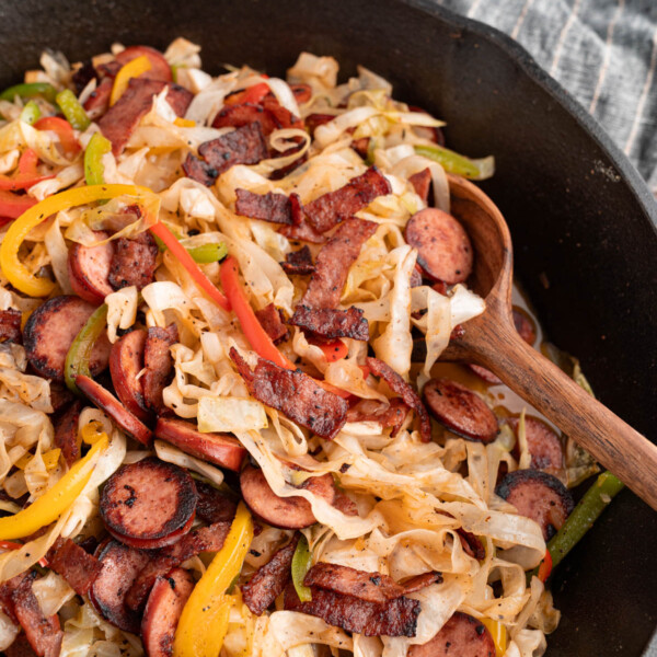 Southern fried cabbage in a cast iron skillet for serving.