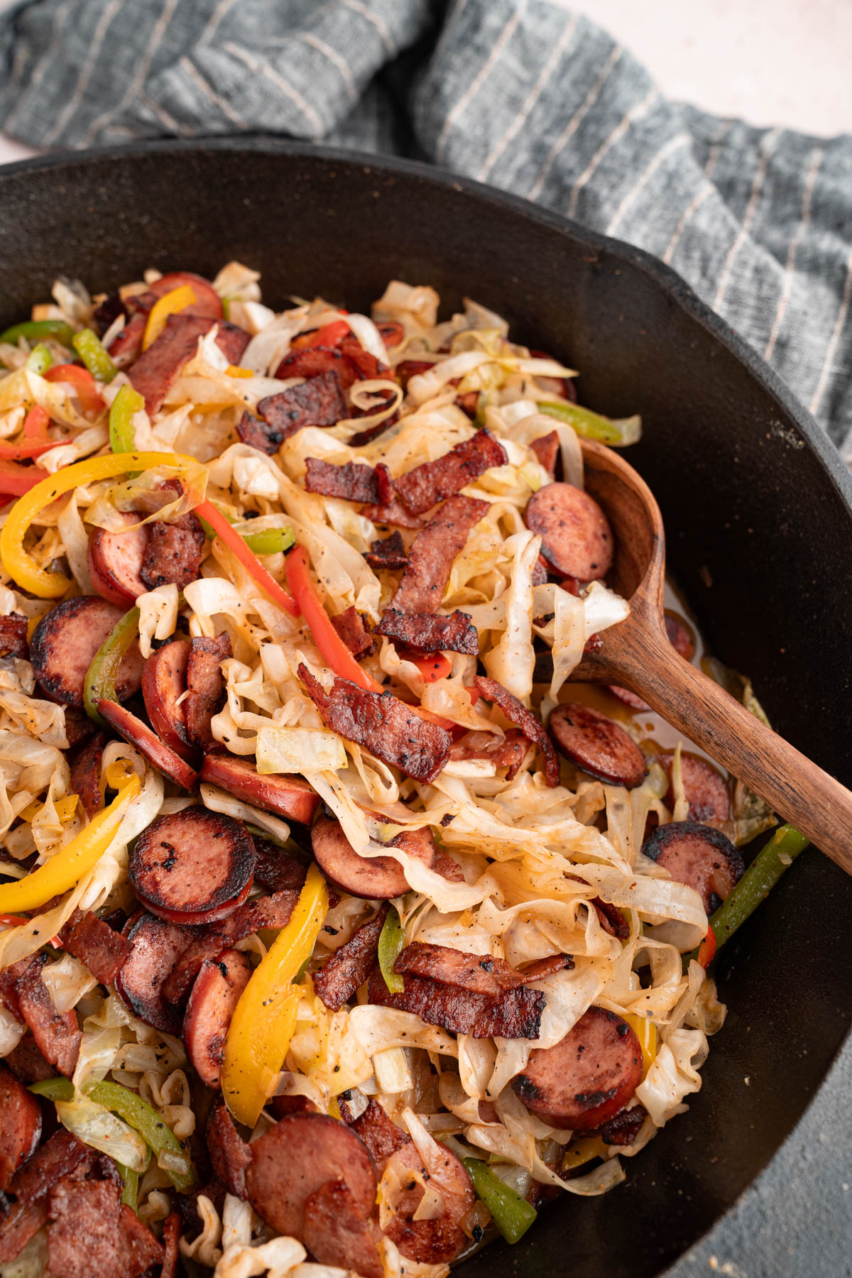Southern fried cabbage in a cast iron skillet for serving.