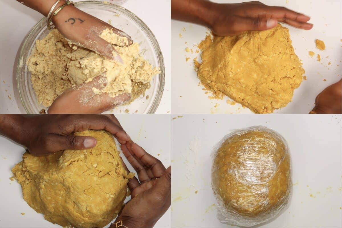 Dough ingredients pictured in a collage with hands forming the dough
