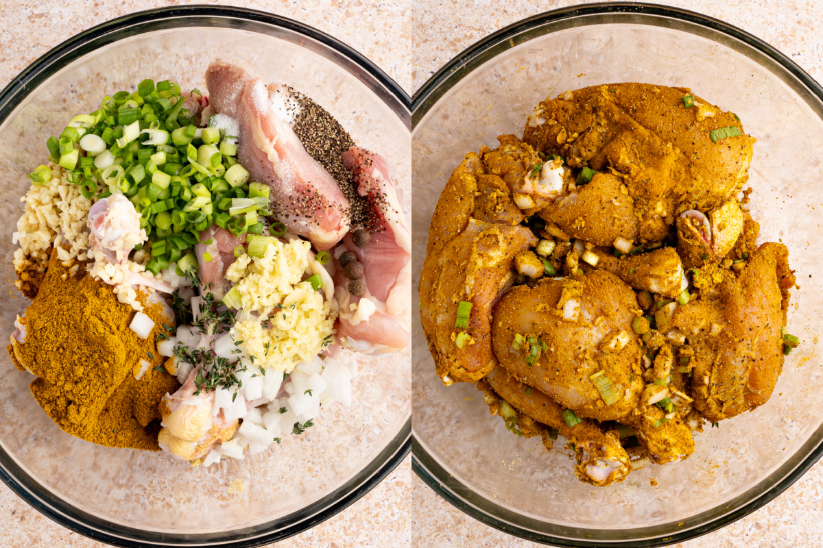 Chicken in a bowl with the curry powder, chicken bouillon, garlic, onion, scallions, ginger, salt, pepper, all spice and thyme. Everything is mixed together for marinating the chicken.