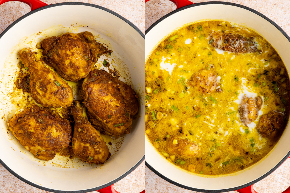 searing the chicken in the pan before adding the coconut milk and chicken broth. 