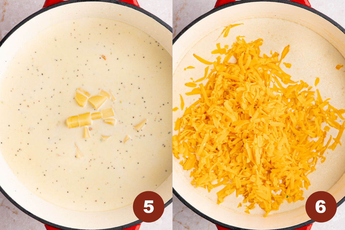 Adding the cheese to the pan with the other soup ingredients before stirring the cheese.