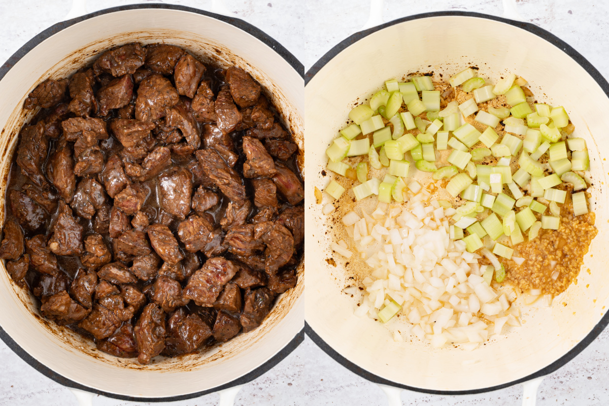 The seared beef in a pan. And the onion, celery and garlic in the pan for sauteeing.