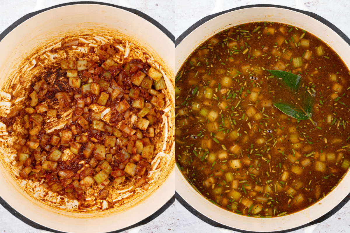 The seared veggies in the pan with the broth, bay leaf and spices.