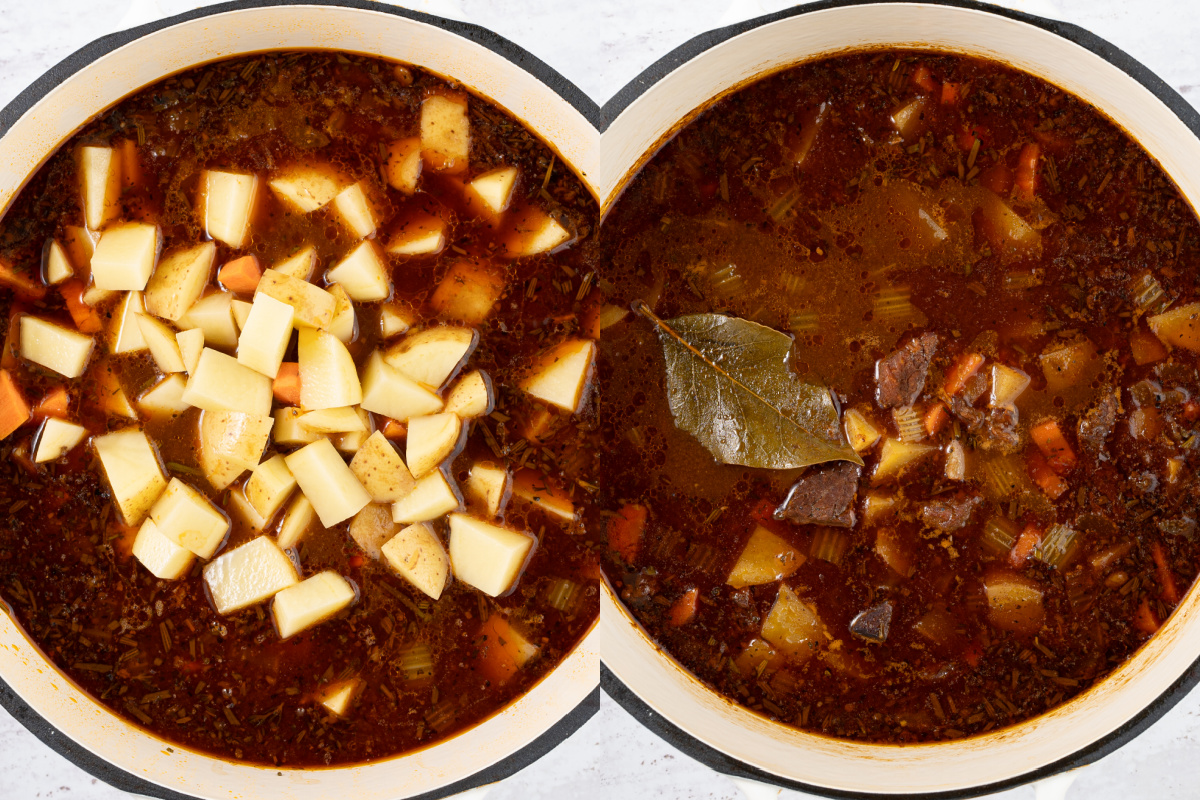 The potatoes and carrots in the pan with the other stew ingredients. Before and after cooking for an additional 2 hours.