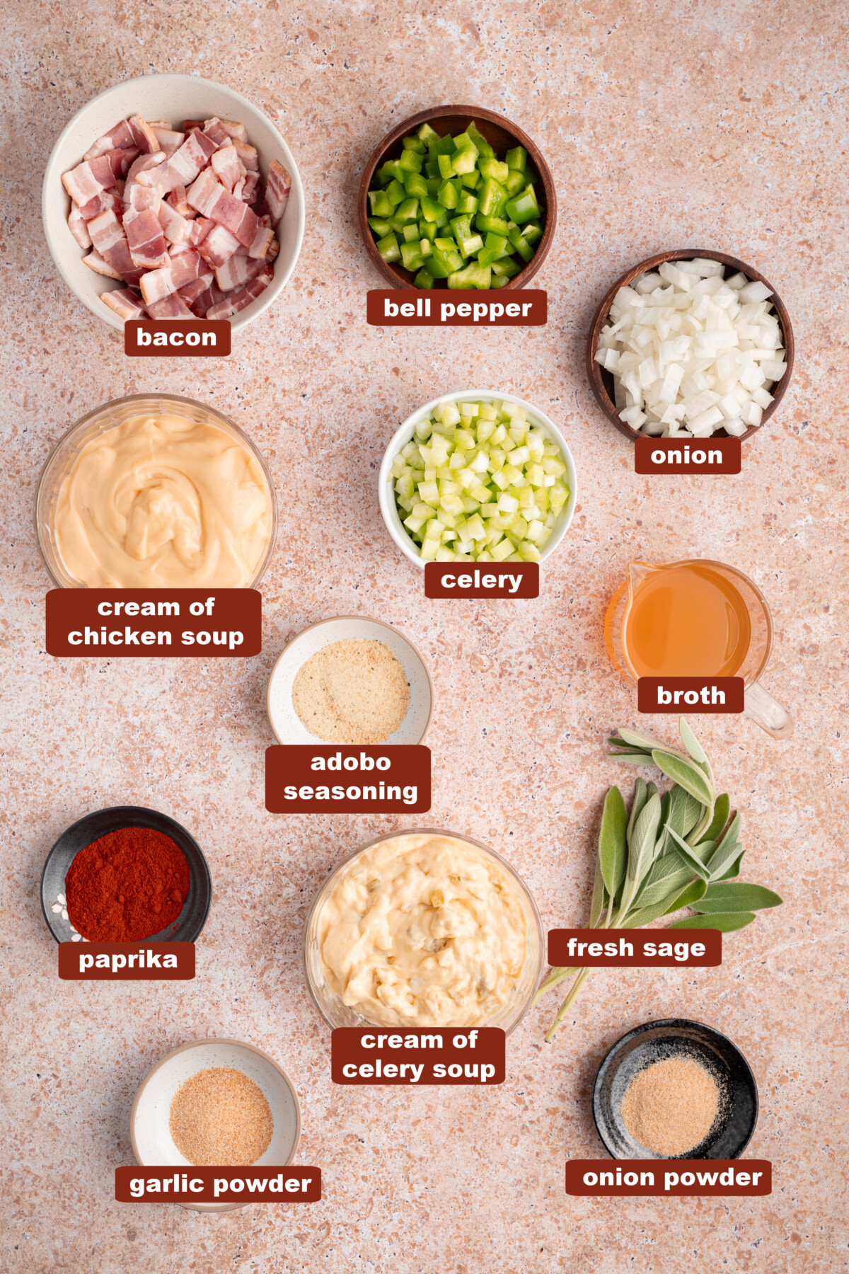 All of the remaining ingredients for the cornbread dressing in bowls on a countertop.
