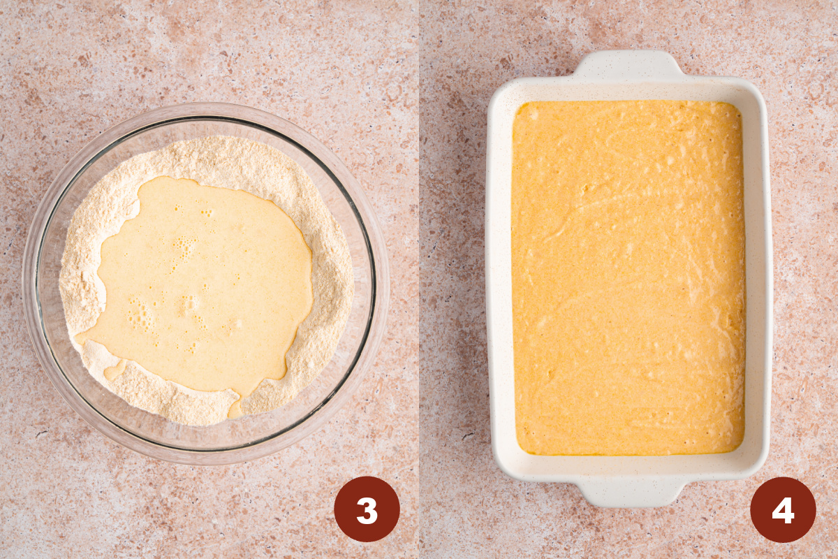 The wet ingredients are in a glass bowl with the dry ingredients before mixing together. A baking dish sits on a countertop with the cornbread batter in it before baking.