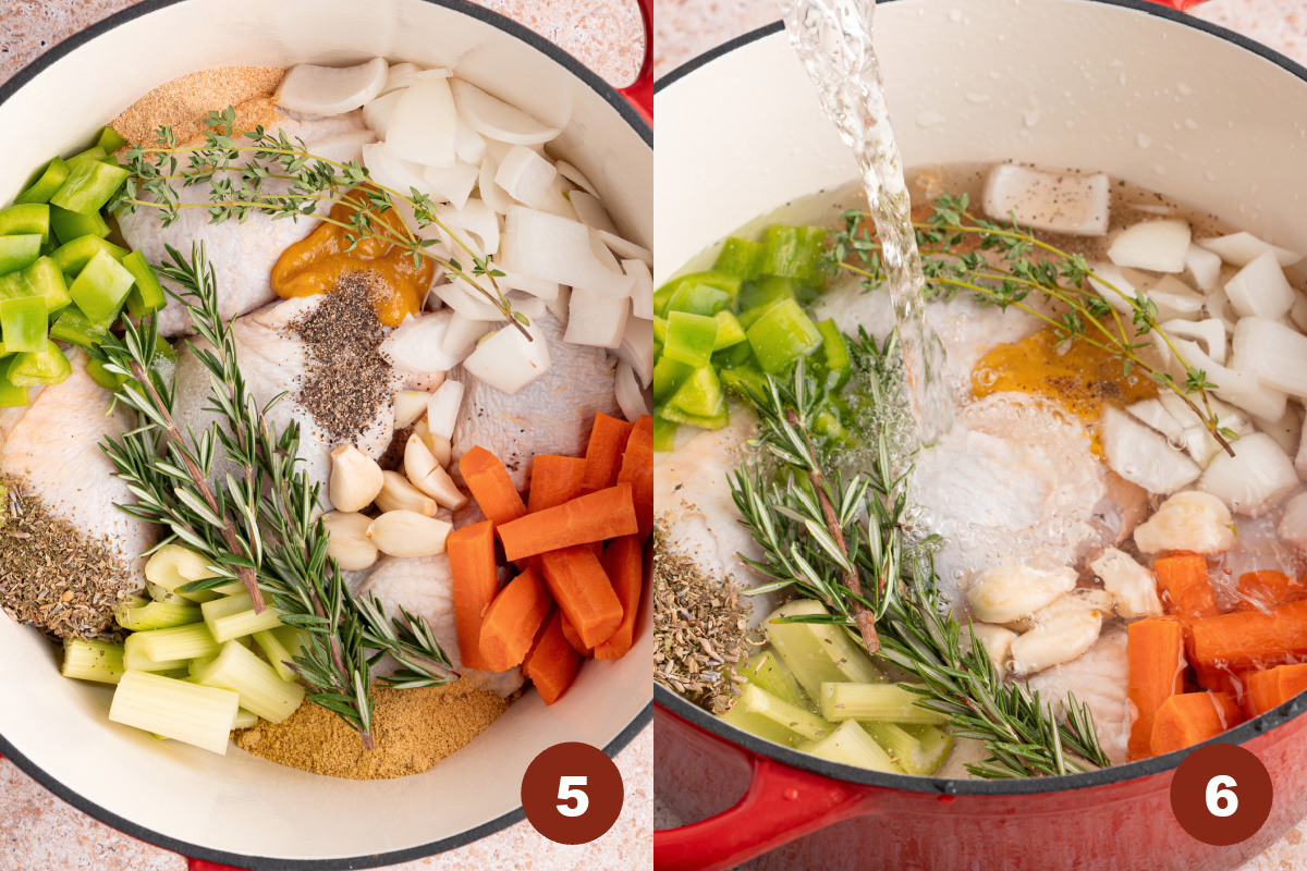 All of the ingredients for the chicken broth in a red Dutch oven, then water pouring into the pan over the ingredients.