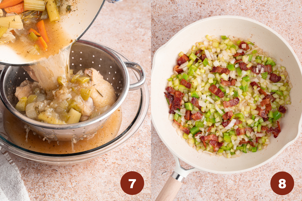 Draining the broth through a strainer. A pan with the cooked bacon and onions and peppers mixture.