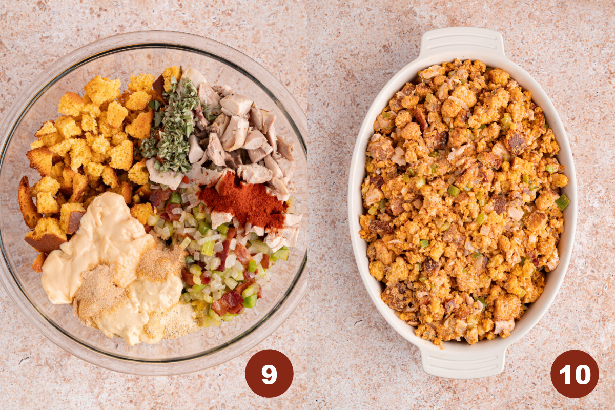 A glass bowl filled with the bacon and veggie mixture, crumbled cornbread, deboned chicken, 1 1/3 cups warm chicken broth, cream of chicken, cream of celery, fresh sage, and spices. A baking dish sits on the counter with the cornbread dressing mixture before baking.