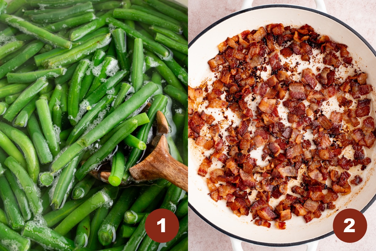 Boiling green beans in a pot and cooking the bacon in another pan.