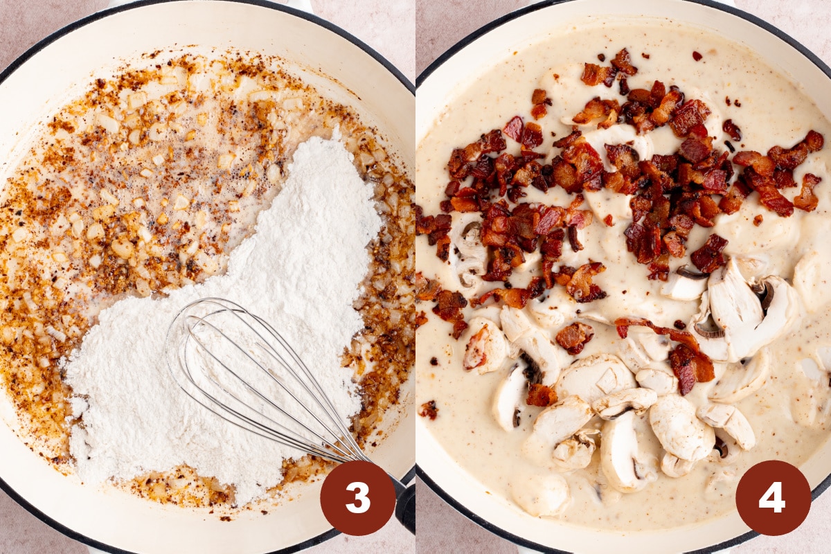 Whisking the flour into the cooked onion mixture to create a roux for the sauce.