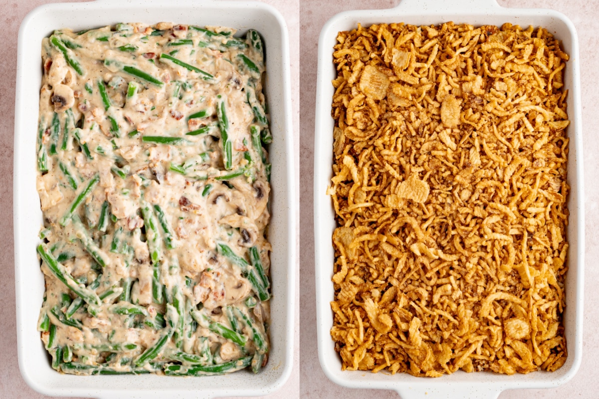 The green bean casserole layered in a dish after coming out of the oven before adding the fried onion topping.