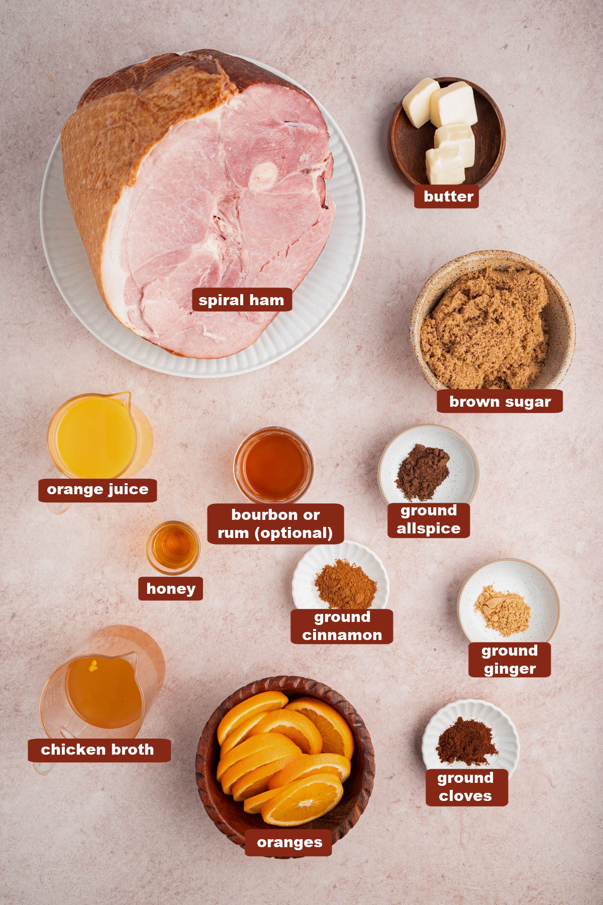 All of the ingredients for orange glazed ham in bowls on a countertop.