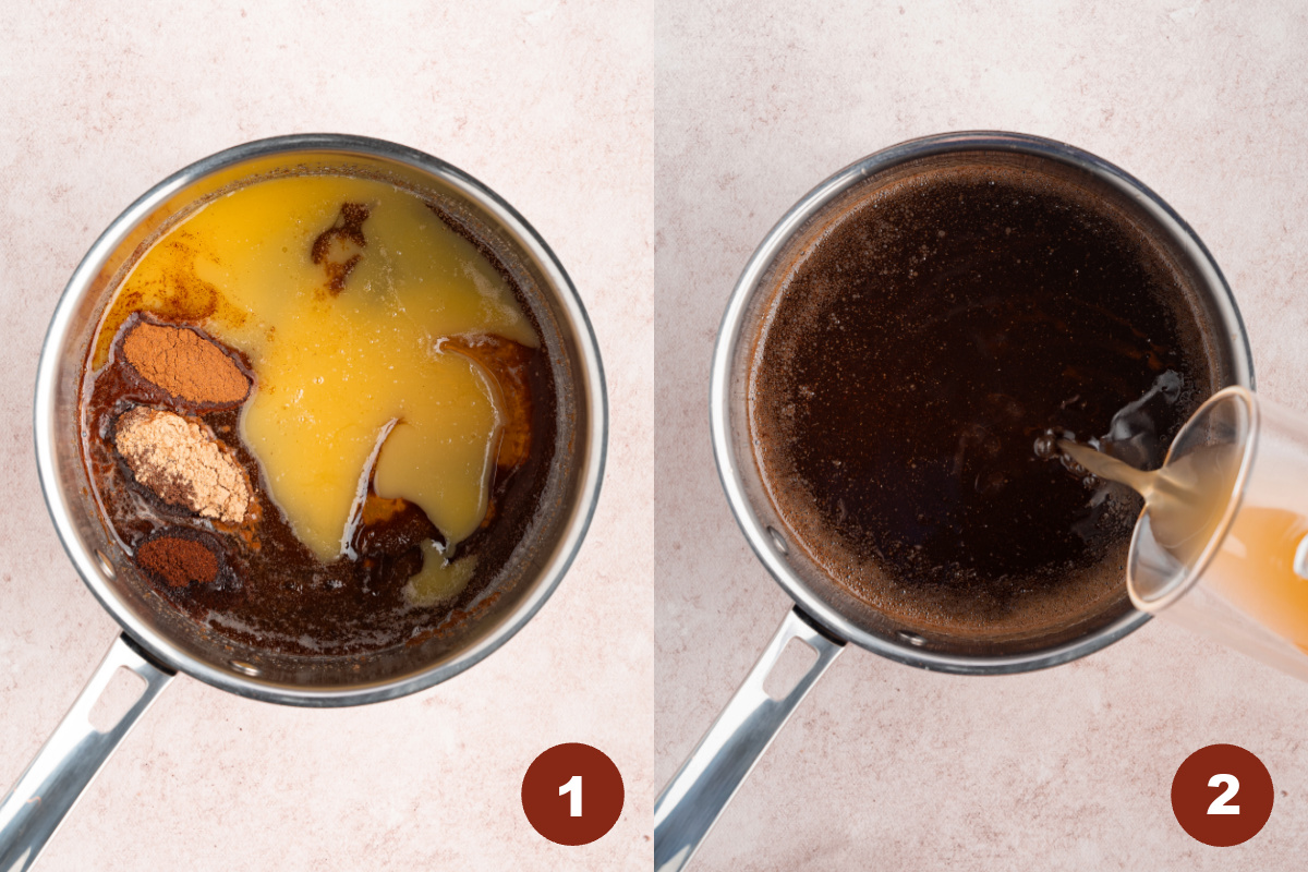 The melted butter in a saucepan with the brown sugar, honey, orange juice, and spices.