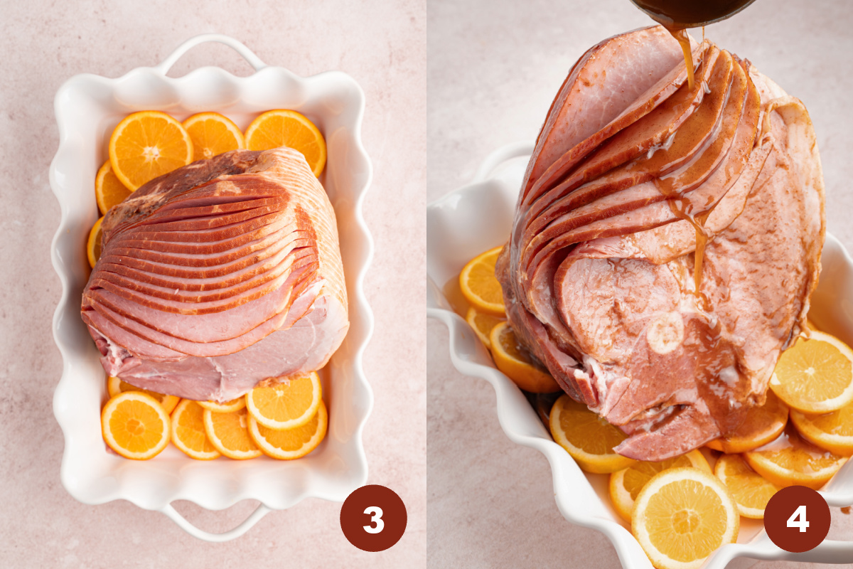 The ham in a baking dish over a layer of sliced oranges. Then a turkey baster bastes the sauce on top of the ham before going into the oven.