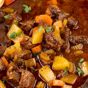 Stove top beef stew in a dutch oven after cooking.