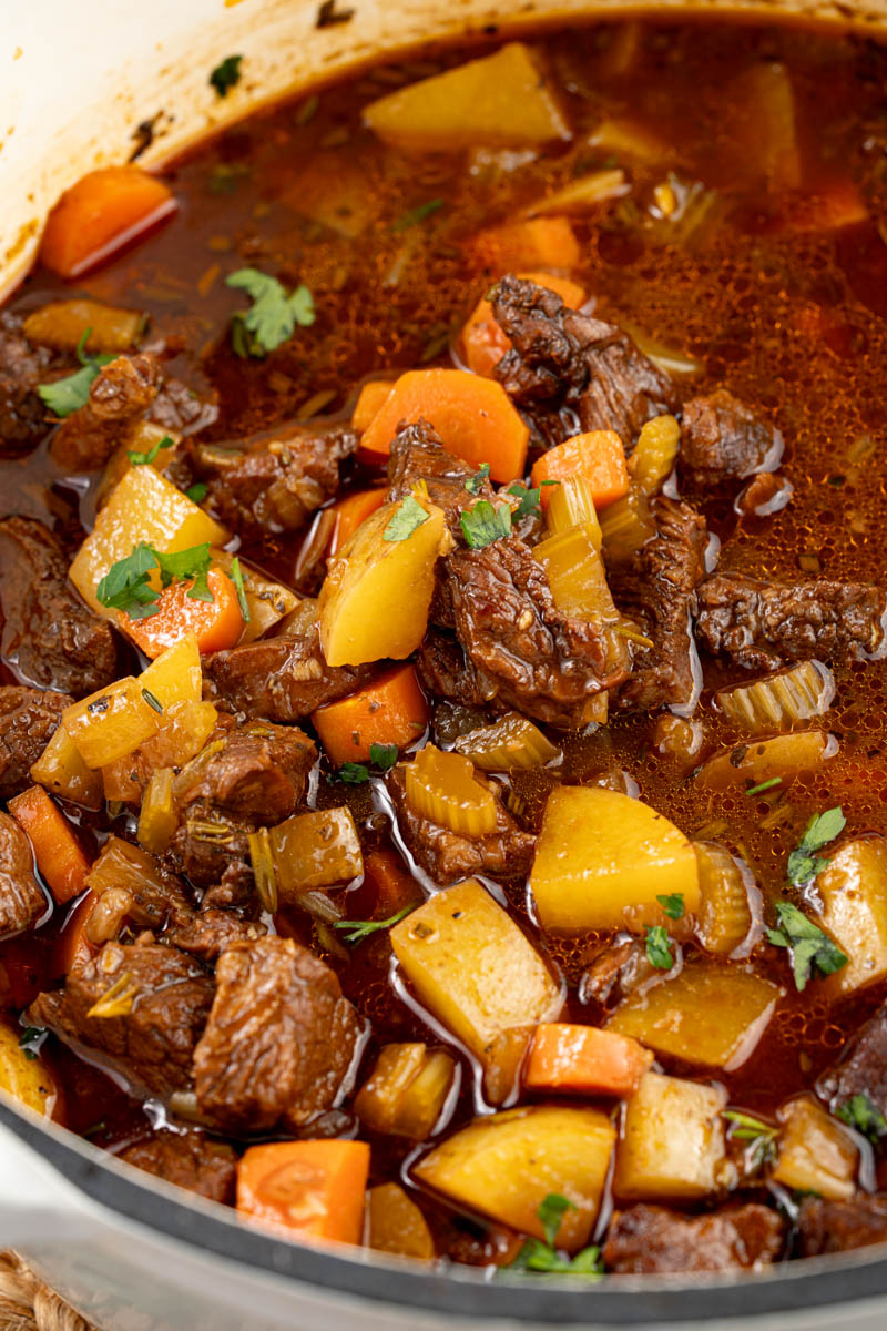 Stove top beef stew in a dutch oven after cooking.