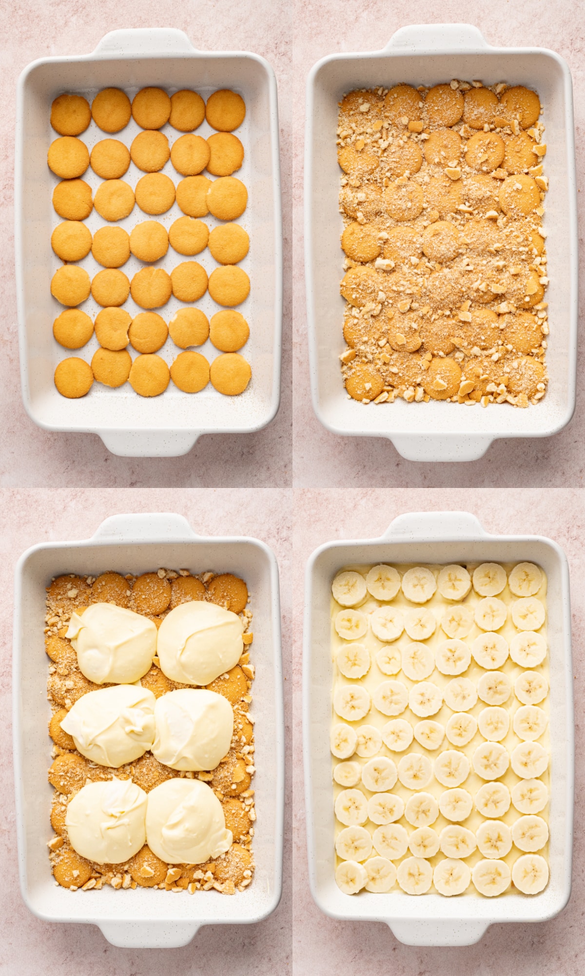 layering the banana pudding ingredients into the bottom of a 9x13 baking dish starting with the vanilla wafers, then the banana pudding base and fresh bananas.