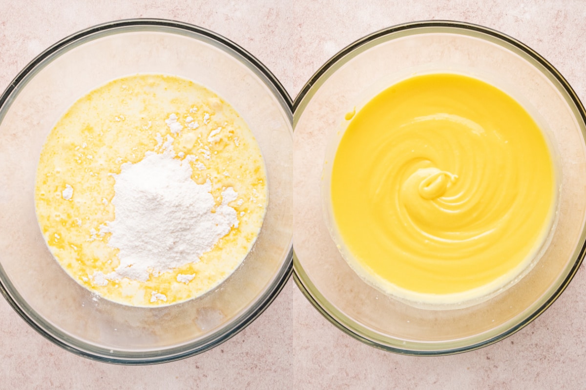 whisking together the ingredients for the vanilla pudding before letting it chill in the fridge. 