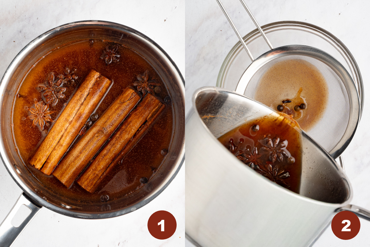 The ingredients for the spiced team in a saucepan and then straining the team through a strainer into a bowl.