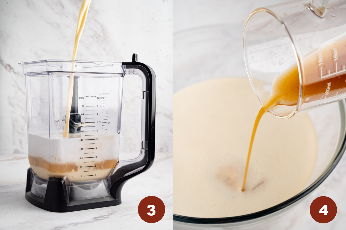 Pouring all of the ingredients for coquito into a blender to mix before adding to a bowl and stirring in the tea.