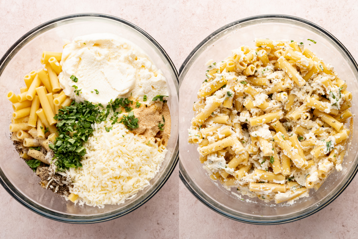 Mixing together the cheeses and spices for the pasta noodles.