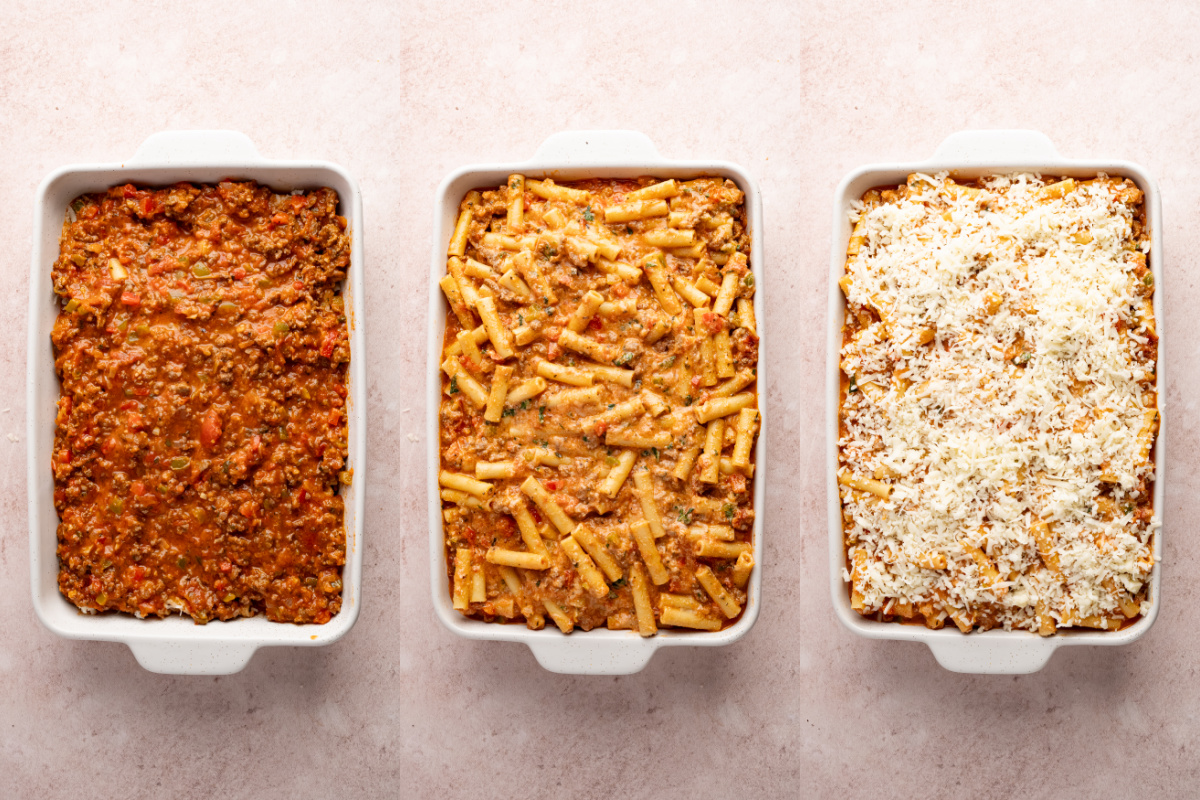 layering all of the ingredients for baked ziti