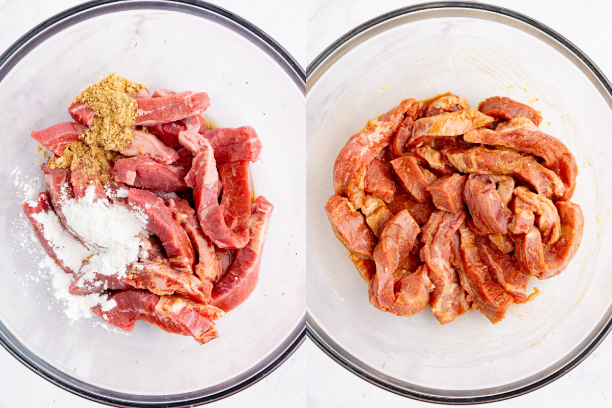 Mixing together the beef with the marinate ingredients in a bowl before cooking.