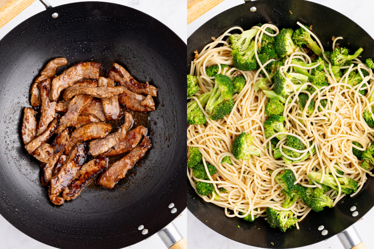 Cooking the beef in a wok before adding the broccoli and noodles.