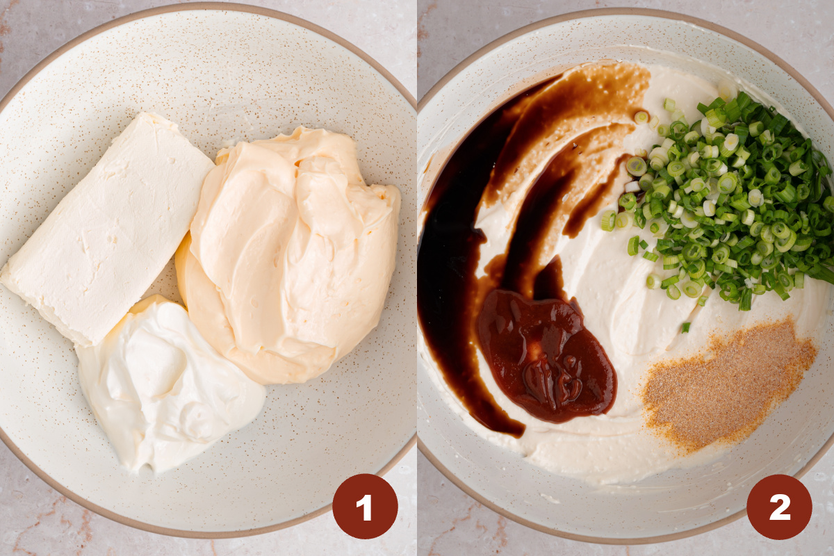 The mayo, sour cream, and cream cheese in a bowl on the right. The same ingredients mixed together with spices and green onions in a bowl on the right.