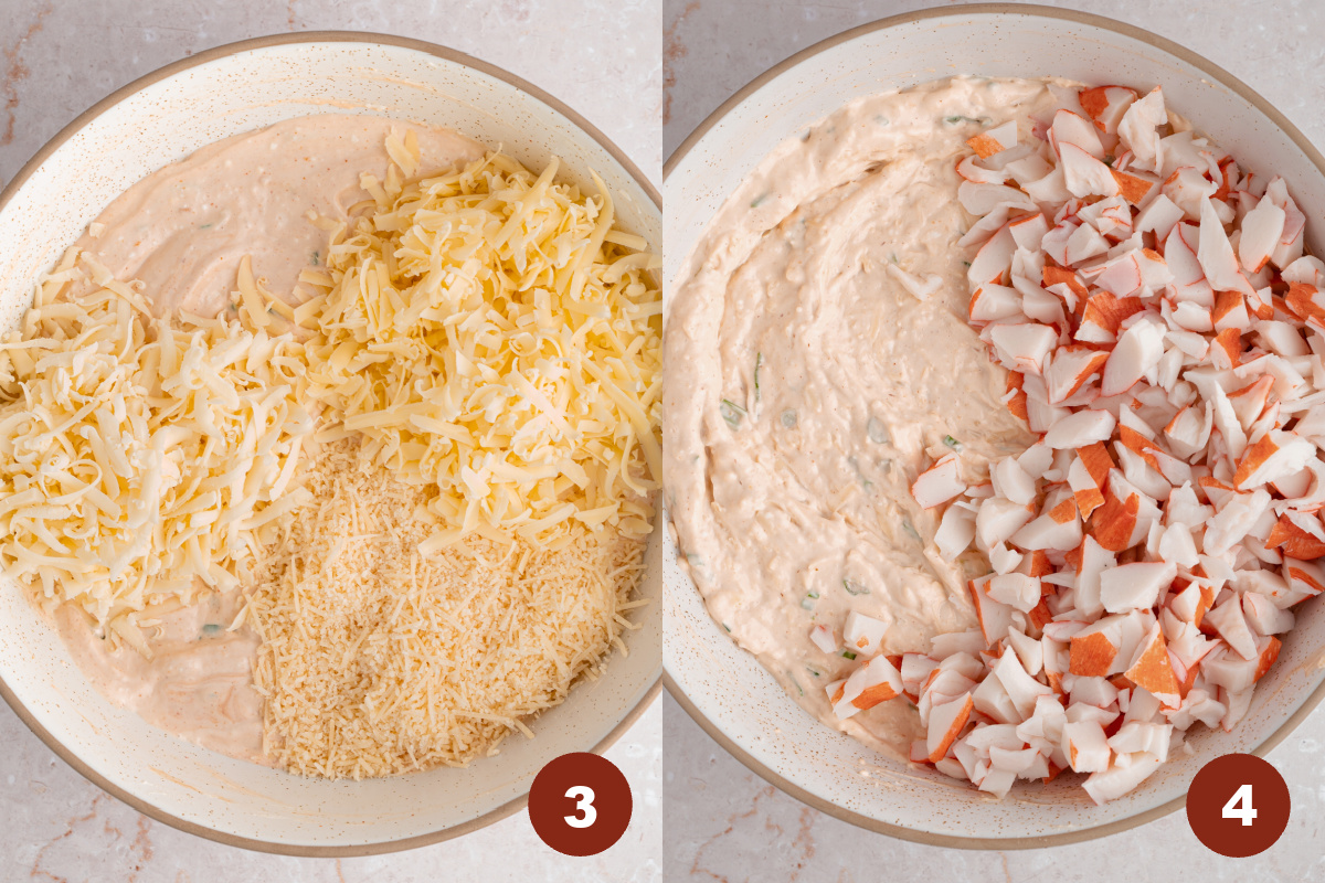 The cheeses are layered on top of the creamy dip mixture in a bowl before mixing.