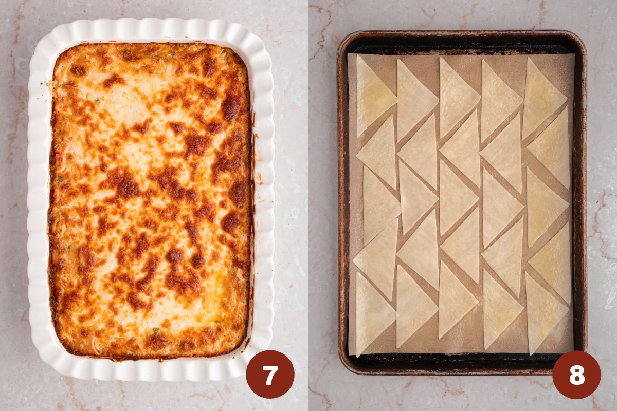 The dip after coming out of the oven, golden and bubbly. Then wonton pieces on a baking sheet before baking in the oven.