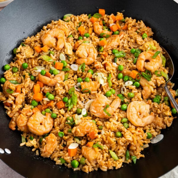 shrimp fried rice in a wok after cooking
