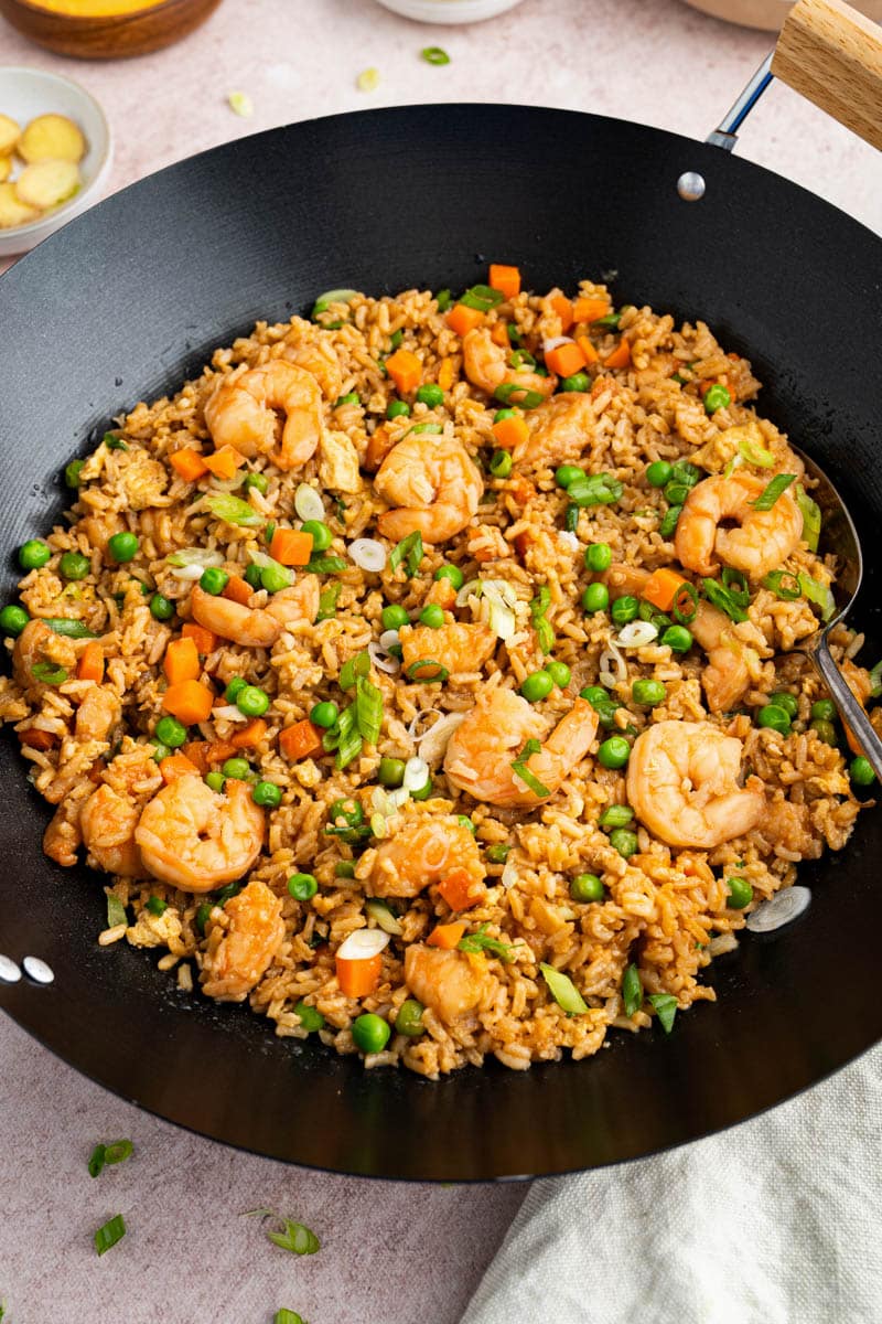 shrimp fried rice in a wok after cooking