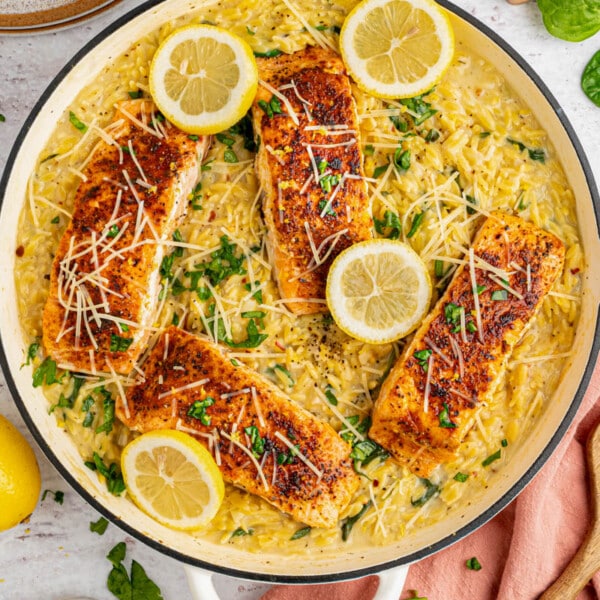 lemon salmon orzo in a skillet after cooking