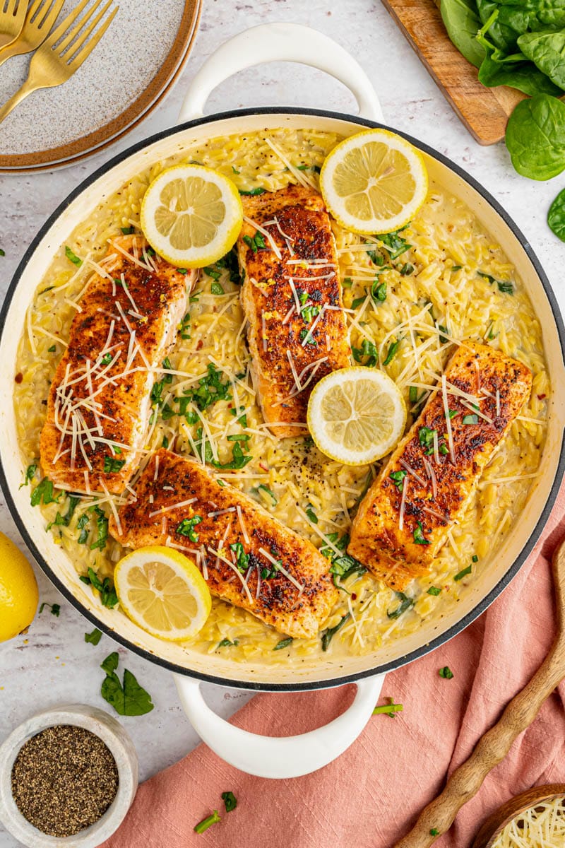 lemon salmon orzo in a skillet after cooking