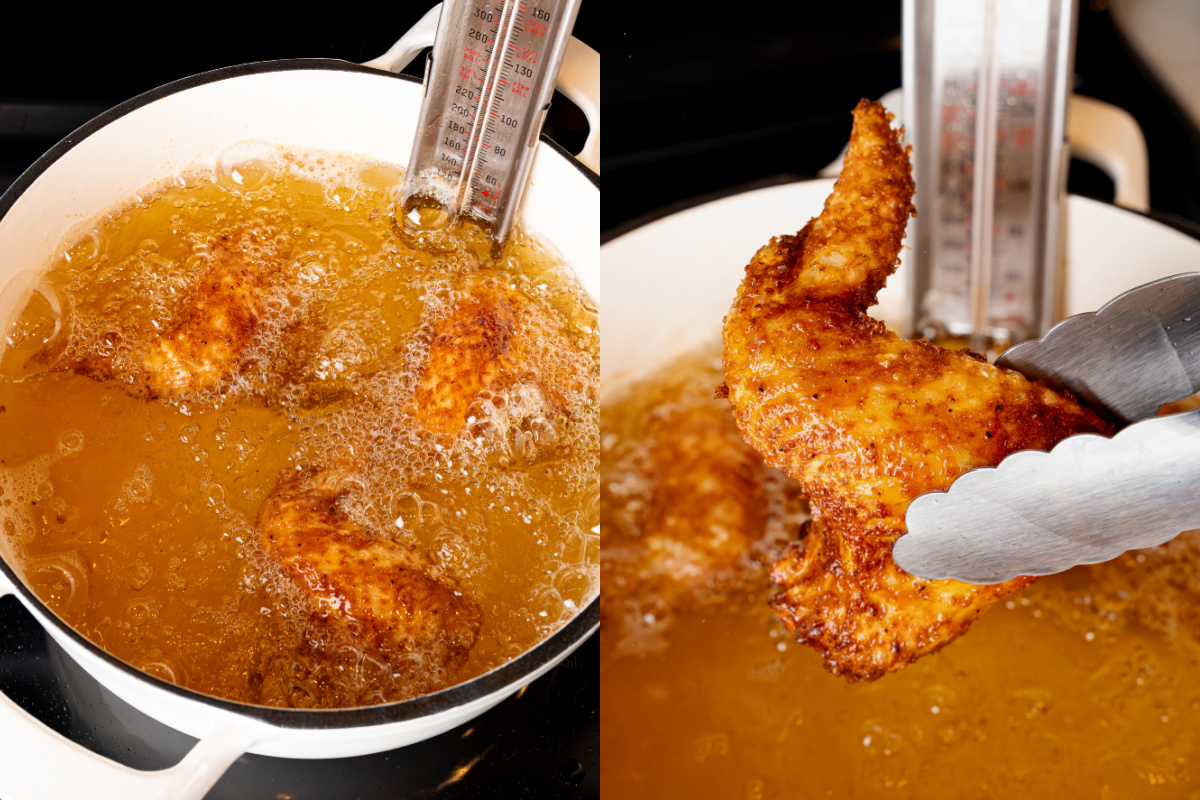Frying the wings in the hot oil.