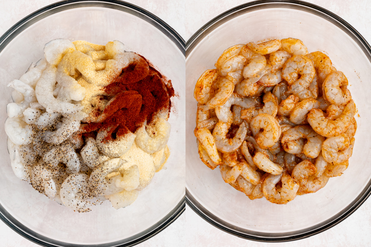 Marinating shrimp in a bowl before cooking.