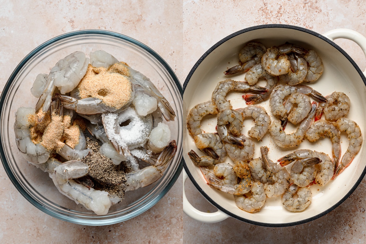 Shrimp with the seasonings in a bowl and then searing in a pan.