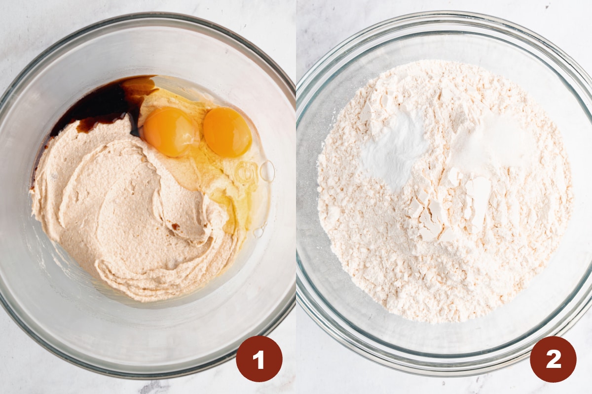 The wet ingredients mixed together in a bowl. The dry ingredient in another bowl.