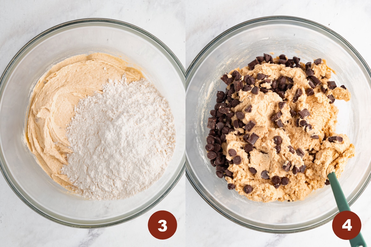 The wet ingredients in the bowl with the dry ingredients. Then the chocolate chips stir in a bowl with the mixed batter.