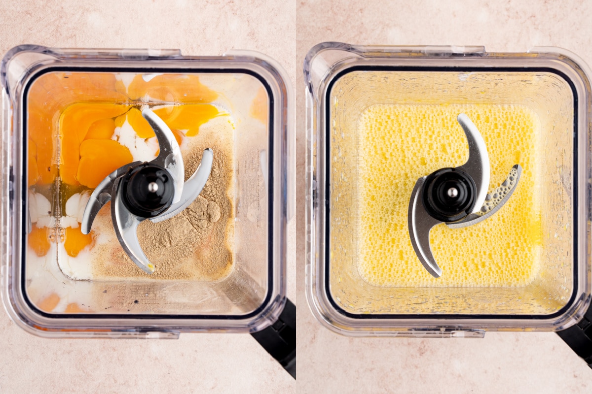 Eggs, milk, white pepper and salt are mixed together in a blender.