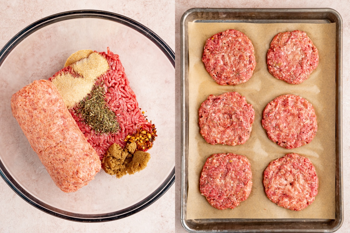 Mixing together the ground beef, sausage, brown sugar and seasonings in a bowl, then shaping the mixture into patties.