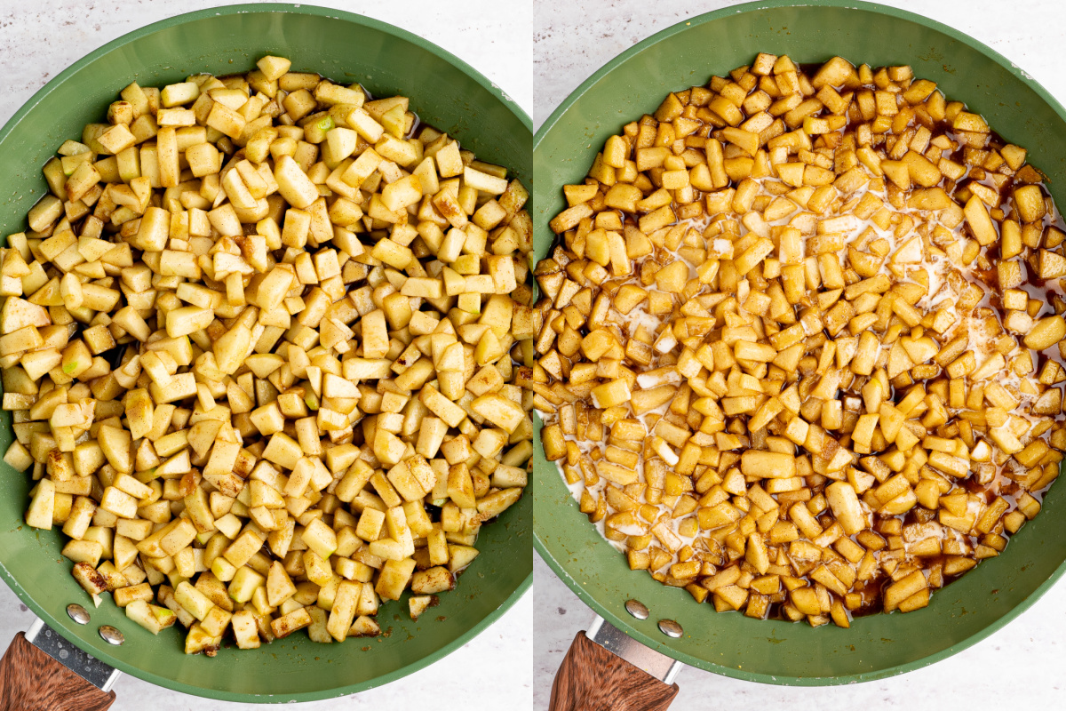 Cooking the apple filling mixture in a pan.