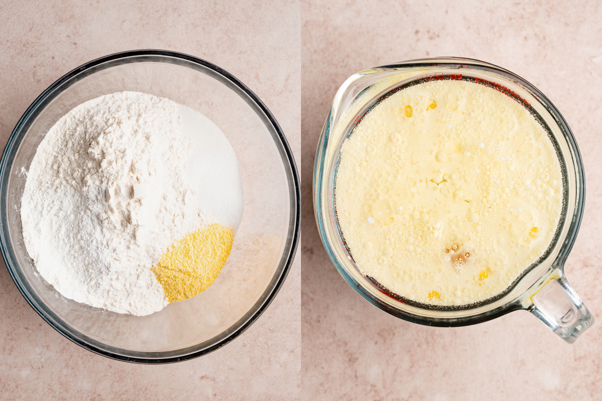 The dry ingredients in a bowl on the left with the wet ingredients in a bowl on the right.